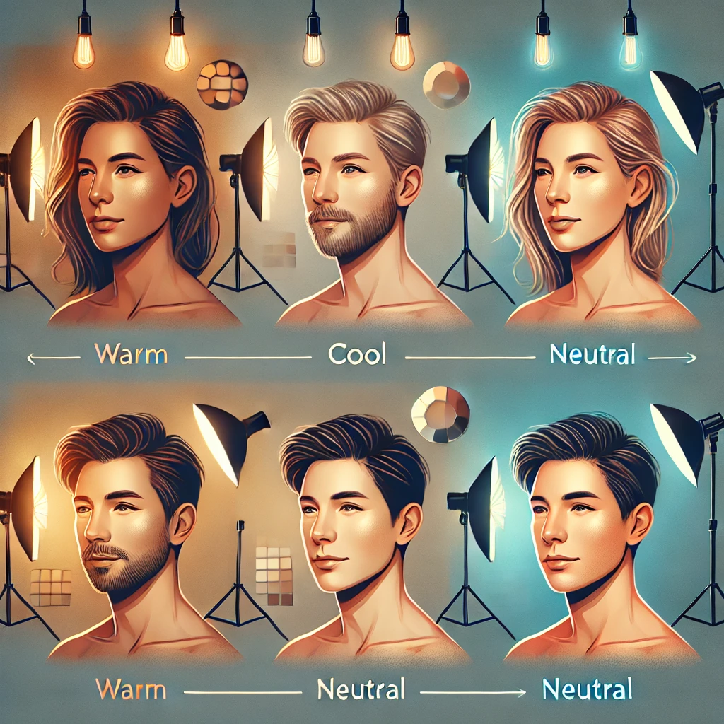 A modern digital illustration showcasing different lighting setups for various skin tones