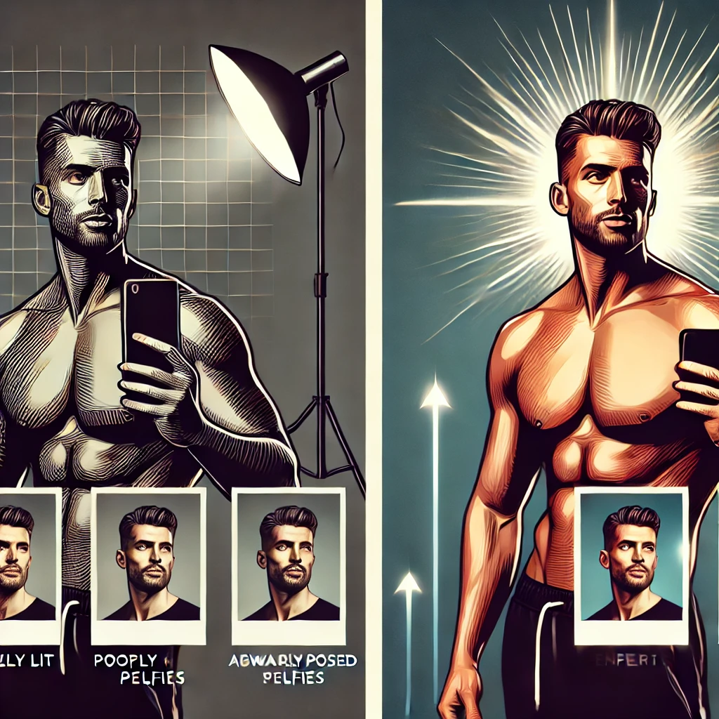 A modern digital illustration showing a side-by-side comparison of erotic selfie improvements for men